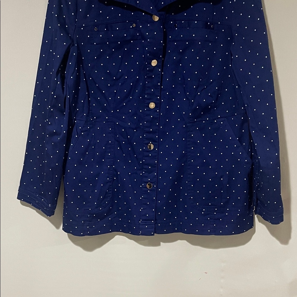 NWOT Chico's Luxe Twill Stylish Navy Blue With White Polka Dot Utility Jacket - Picture 6 of 15